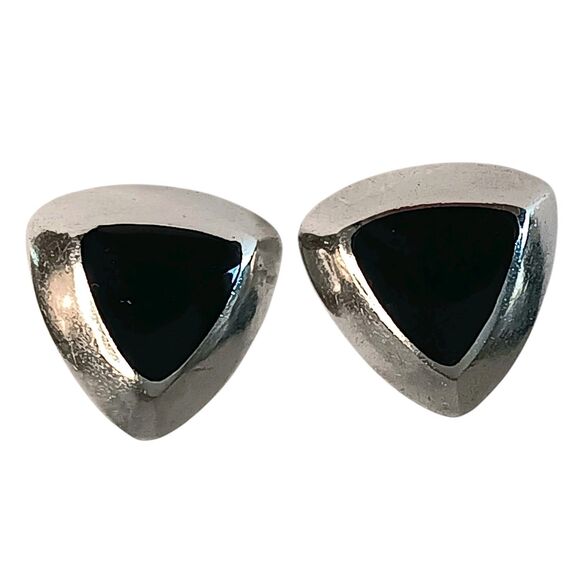 Vintage 925 Sterling Silver Black Onyx Triangle Modernist Post Earrings 3/4 Inch - Picture 1 of 9